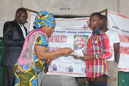 Recipient of the Tanimu’s foundation Award, graduate of Madonna Secondary School, 2013