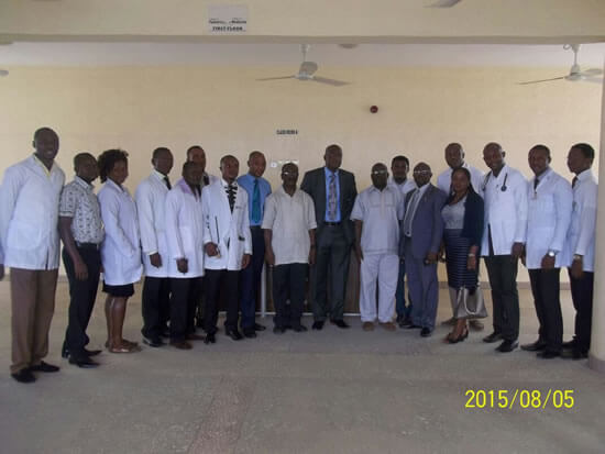 A group picture of Medical students, resident doctors, and Dr. Tanimu, flanked by Professor Malu, provost of the institution (1st right) and Dr Audu( 2nd left) at the Benue State University Teaching Hospital, Makurdi, Benue State.